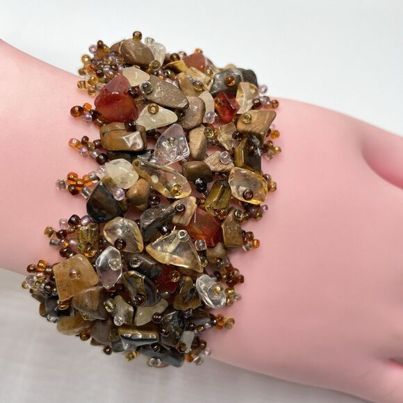 Statement Wide Quartz Gemstone Seed Bead Woven Bracelet Boho Statement Fashion - Picture 1 of 7